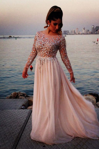 Long Sleeves A-Line/Princess Bateau Beading Floor-Length Chiffon Evening Dress