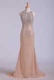 Scoop Prom Dresses Sheath/Column With Beads Chiffon Sweep Train