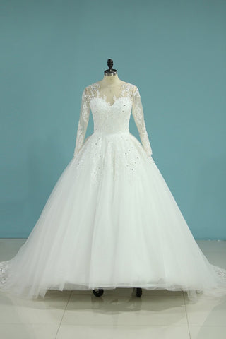 Wedding Dresses Scoop Long Sleeves A Line Tulle With Applique And Beads