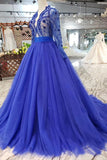 Long Sleeves V Neck Prom Dresses Tulle With Applique A Line Beads