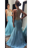 Scoop Beaded Bodice Mermaid Prom Dresses Satin Sweep Train