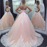 Vintage Ball Gown Sweetheart Pink Lace Appliques Tulle Long Quinceanera Dresses JS93