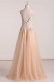 Bateau With Applique And Beads Tulle Floor Length Evening Dresses