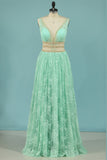 Soft Lace Evening Dresses A-Line V-Neck Floor-Length With Beading