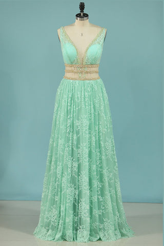 Soft Lace Evening Dresses A-Line V-Neck Floor-Length With Beading