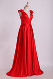 Evening Dress V-Neck Bubble Shoulder A-Line Satin Floor-Length