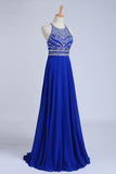 Halter A-Line/Princess Dark Royal Blue Prom Dresses Tulle And Chiffon Sweep Train