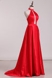 New Arrival Halter A Line Evening Dresses Satin Sweep SJSPXRSZSBM