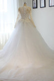 Scoop Long Sleeves Wedding Dresses Mermaid Tulle With Beading Court Train Detachable