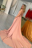 Sexy Open Back High Neck A Line Satin Court Train Evening Dresses