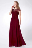 Elegant A Line Cap Sleeve Burgundy Lace Prom Dresses with Chiffon, Bridesmaid Dresses SJS15145