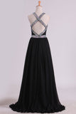 Black Prom Dresses A Line Chiffon With Beads And Slit Cross Back