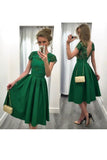 Prom Dresses A Line Scoop Elastic Satin With Applique Tea-Length Open Back