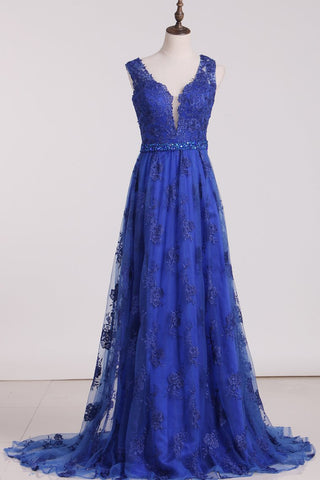 A Line V Neck Lace Sweep Train Prom Dresses