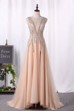 Prom Dresses Scoop Open Back A Line Tulle With Beads And Slit