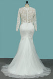 Scoop Long Sleeves Sheath Wedding Dresses Tulle & Lace With Applique Sweep Train