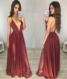 Burgundy Deep V-neck Sexy Spaghetti Straps A-Line Backless Tulle Evening Dresses JS818