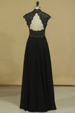 Black High Neck Prom Dresses A Line Chiffon With Applique And Beads