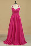 Halter A Line Chiffon Bridesmaid Dresses Floor-Length With Ruffles