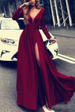 Burgundy Prom Dresses With Slit V Neck Cheap Long Sleeve Prom Dress Evening Dress