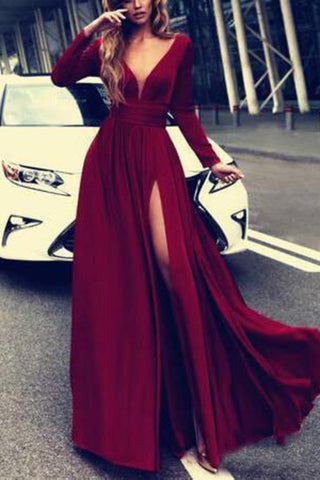 Burgundy Prom Dresses With Slit V Neck Cheap Long Sleeve Prom Dress Evening Dress