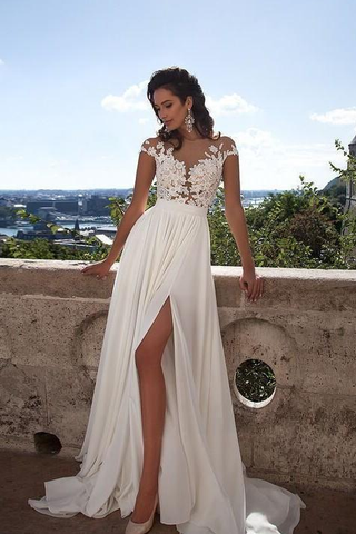 Scoop Prom Dresses A Line Chiffon With Applique Sweep Train