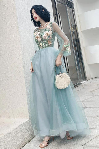 Elegant Long Sleeves Appliqued Tulle Prom Dresses, Floor Length Appliques Evening Dresses SJS15175