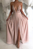 Deep V-Neck Spaghetti Straps Pink Open Back Simple Cheap Prom Dresses