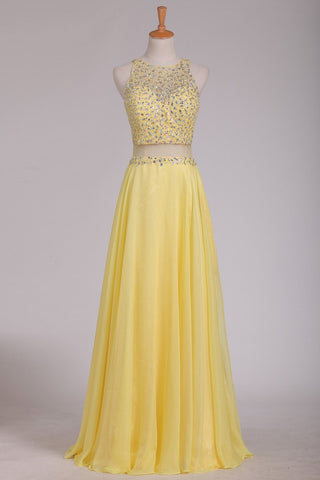 Prom Dresses Scoop Beaded Bodice Chiffon Sweep Train