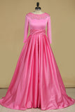 Scoop Prom Dresses 3/4 Length Sleeves Satin With Beads A Line