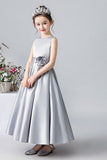 A Line Silver Sleeveless Flower Girl Dresses With Flower Belt