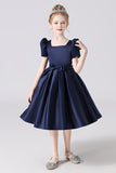 A Line Stain Short Sleeves Flower Girl Dresses With Bownot