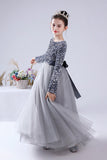 Long Sleeve Sequins Floor Length Tulle Flower Girl Dresses