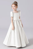 A Line Silver Short Sleeve Floor Length Elegant Flower Girl Dresses With Bownot