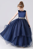 Navy Blue Stain Sleeveless Floor Length Flower Girl Dresses