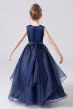 Navy Blue Stain Sleeveless Floor Length Flower Girl Dresses