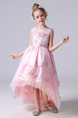 Pink Sleeveless Round Neck Appliques Flower Girl Dresses