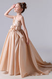 One shoulder Champagne Pleats Flower Girl Dresses With Flower Belt