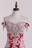 Prom Dresses Sweep Train Mermaid Off-The-Shoulder Sequins Lace Red