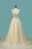 A Line Spaghetti Straps Wedding Dresses Beaded Bodice Tulle Court Train