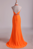 Prom Dresses Halter Sheath Chiffon With Beads And Ruffles Floor Length