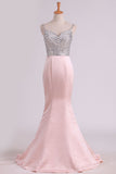 Spaghetti Straps Mermaid Prom Dresses Satin With Beading Sweep Train