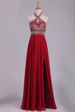 Halter Beaded Bodice A Line Prom Dresses Chiffon With Slit