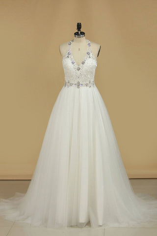 Halter Wedding Dresses A Line Open Back Tulle With Emroidery And Beads