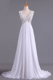 White V-Neck Prom Dresses A Line Chiffon With Beading