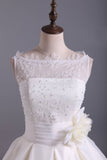 Romantic Lace Bodice A Line Wedding Dress Pick Up Organza Skirt Cathedral Train With Flower