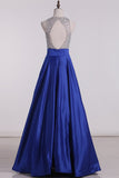 Open Back Scoop Beaded Bodice Prom Dresses A Line Satin