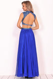 Two-Piece High Neck Beaded Bodice A Line Chiffon Prom Dresses