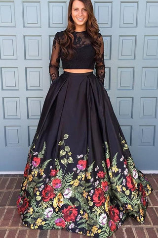 Two Piece Lace Floral Print Black Sexy Open Back Long Sleeve High Neck Prom Dresses