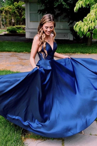 Simple V Neck Satin Prom Dress, A Line Spaghetti Straps Long Evening Dress